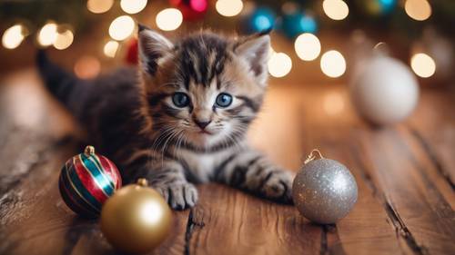 Kitten with striped fur playing with colorful Christmas baubles on a warm wooden floor.