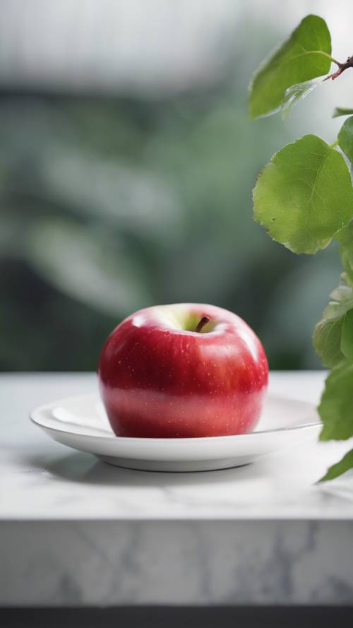 Ein leuchtend roter Apfel liegt neben einem grünen Blattstiel in einer weißen Schüssel