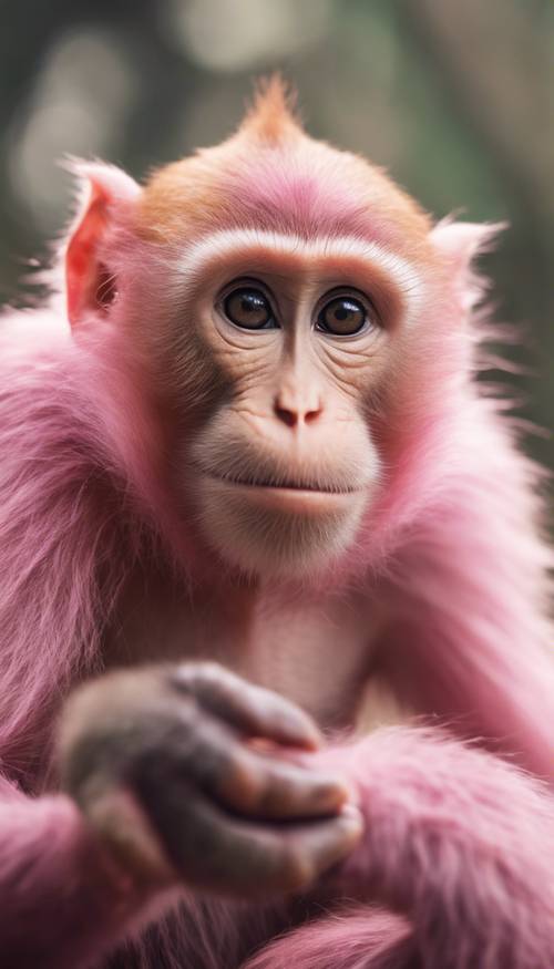 Close-up shot of an expressive pink monkey with its paw raised in surprise.