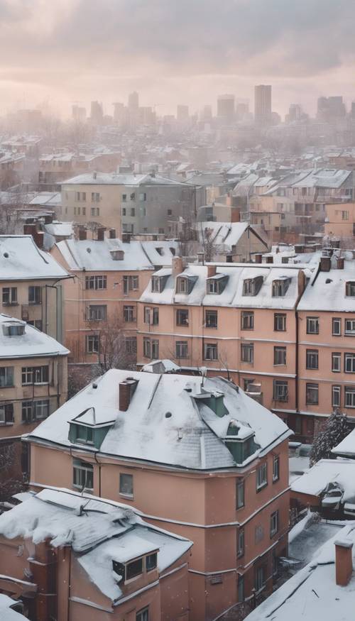 冬季的一座柔和的城市，屋頂上覆蓋著今年的第一場雪。 牆紙 [c56afc523d5c44038a0d]