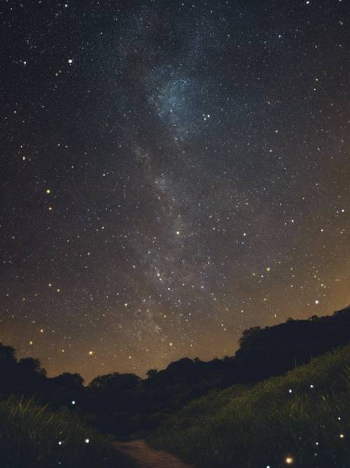 Uma noite tranquila e estrelada na natureza, com uma citação comovente formada nos padrões das constelações.