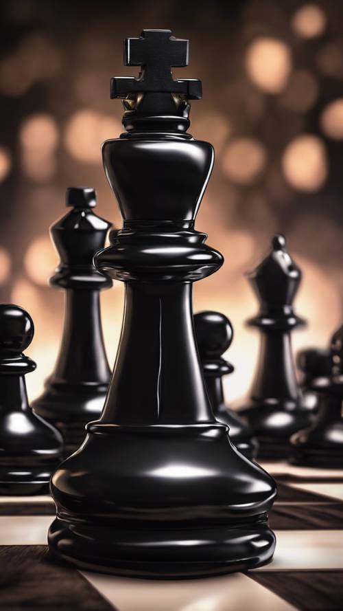 Błyszczące czarne figury szachowe przeznaczone do gry w delikatnym blasku pojedynczego źródła światła.