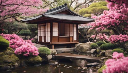 A traditional Japanese teahouse nestled within a serene garden decorated by pink azaleas.
