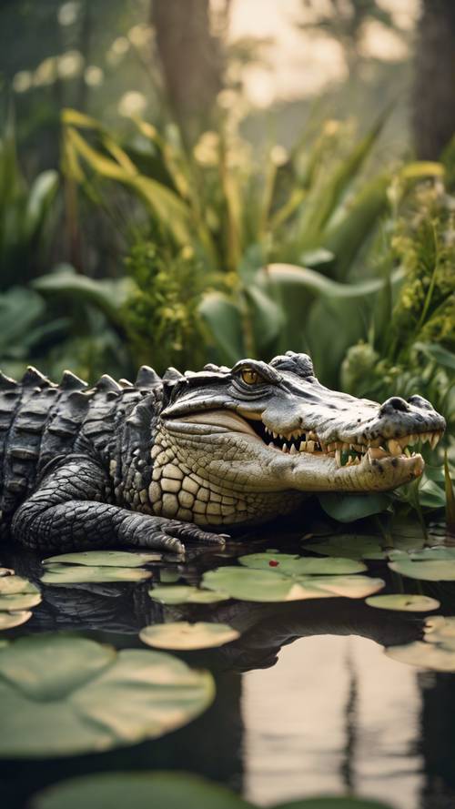 Krokodyl wylegujący się na kłodzie, otoczony liliowymi płatkami i kwiatami bagiennymi.