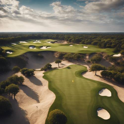 An aerial view of a golf course with sand bunkers.