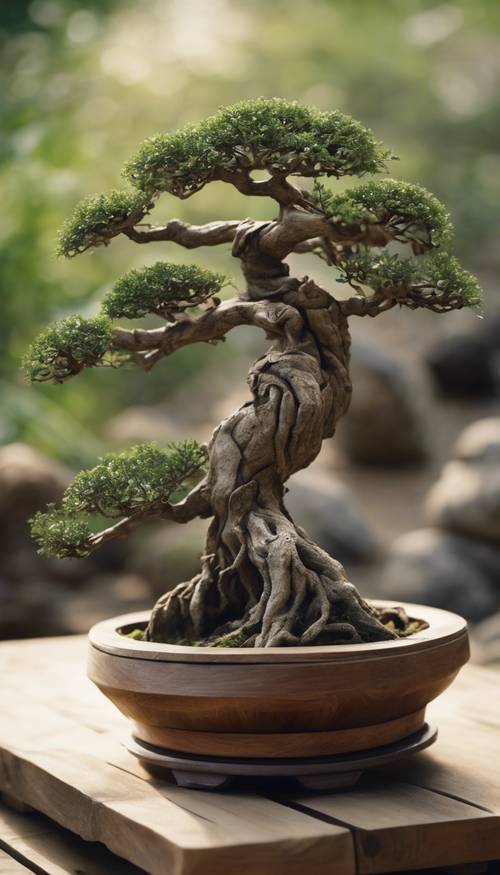 A gnarled bonsai tree with delicate, miniature leaves, placed on a wooden plinth in a zen garden.