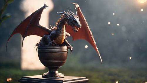 Um dragão saindo de um ovo brilhante, colocado em um pedestal em uma câmara secreta.