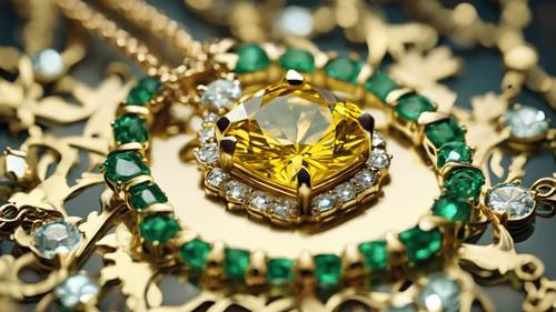 Un diamante giallo incastonato tra smeraldi su una sontuosa collana.