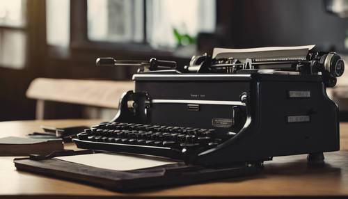 Elegante máquina de escribir negra con un trozo de papel sobre un escritorio de madera retro.