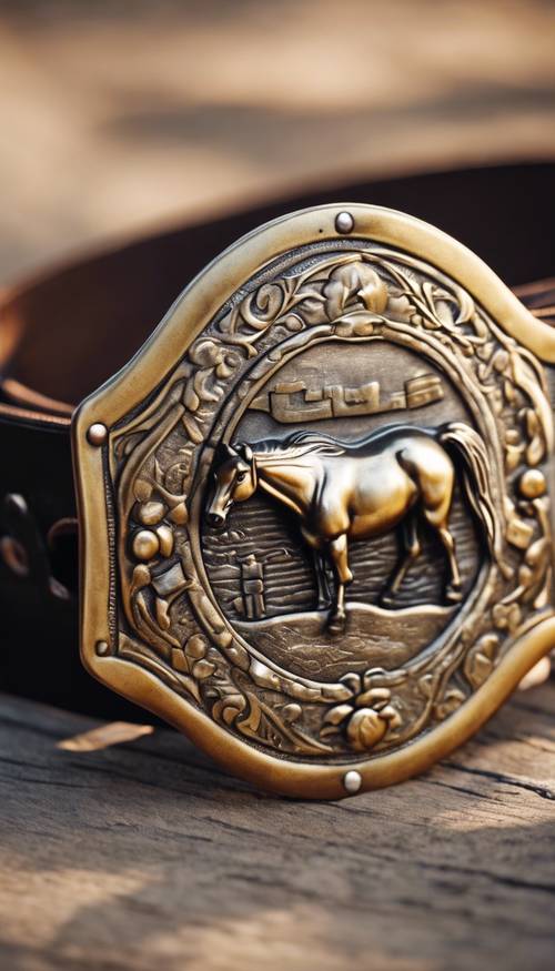 Chiếc khóa thắt lưng cao bồi cổ điển, mô tả cảnh cưỡi ngựa, lấp lánh trong ánh chiều.