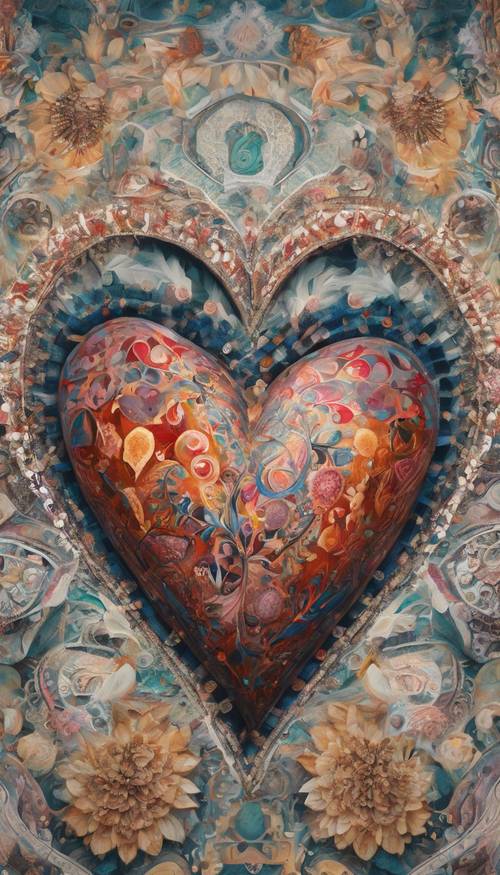 An artistic painting of a heart designed with an assortment of boho patterns showcased in a contemporary art gallery.