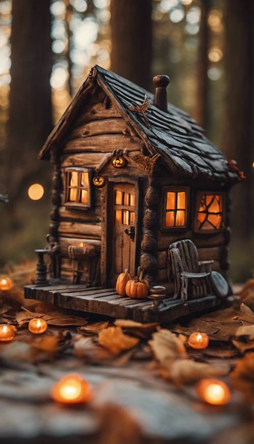 A rustic cabin in the woods, decorated with Halloween charms and glowing with warm light.