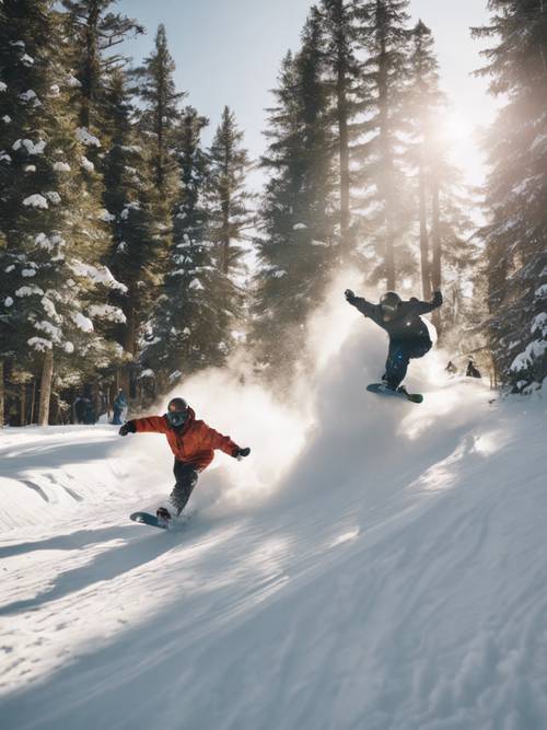 Three snowboarders joyfully racing each other down a forested snow trail on a sunny day.