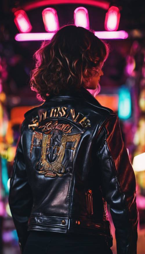 Jaket kulit vintage dengan latar belakang hitam neon.