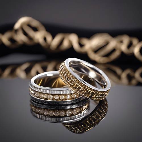 高級なゴールドとプラチナの指輪が黒いベルベットクッションに飾られています