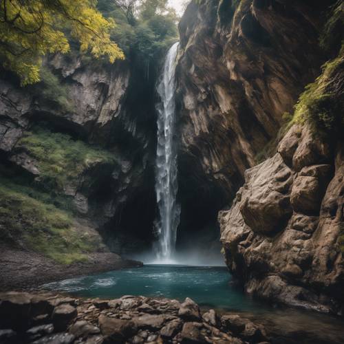 Uma caverna situada na encosta de uma montanha, com água caindo em cascata pela entrada rochosa formando uma pitoresca cachoeira.
