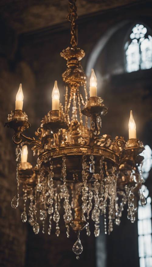 Un lustre gothique antique qui brille dans une pièce faiblement éclairée.