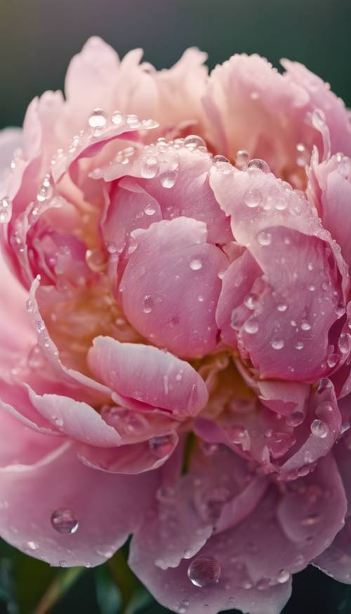 Крупный план розового пиона, покрытого утренней росой.