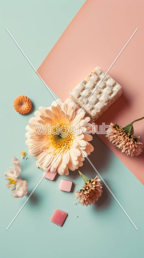 彩紙上鮮豔的花朵和肥皂