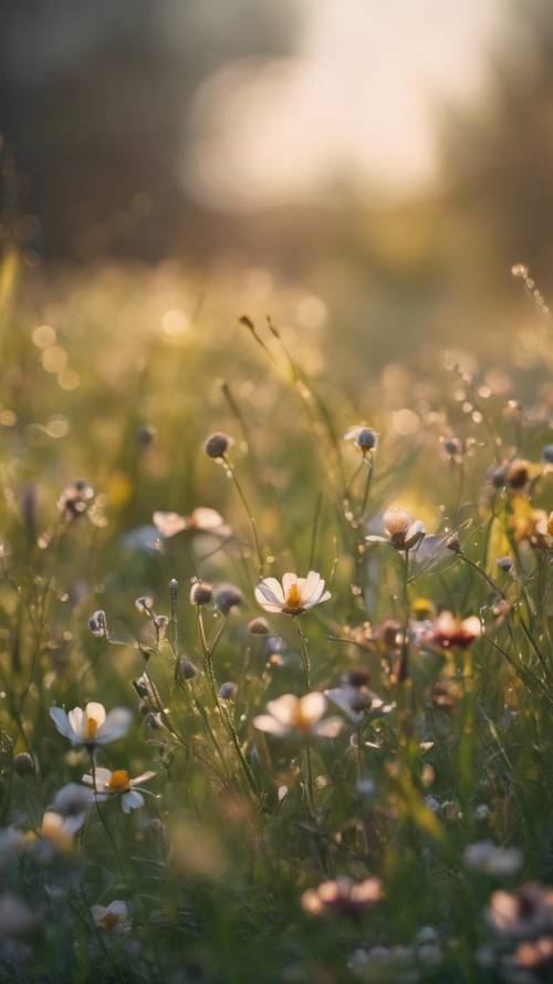 A spring sunrise casting soft light over a dew-soaked meadow blanketed with wildflowers.