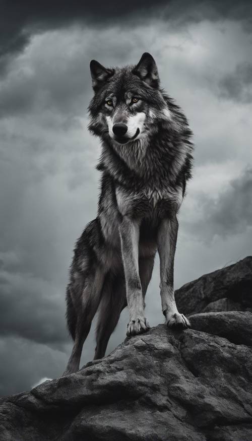 A strong, muscular black and white wolf standing dramatically on a rocky outcrop against a dark, stormy sky.