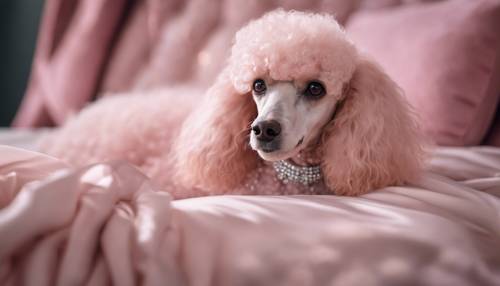 Un caniche rosa suave adornado con pedrería descansando sobre una lujosa almohada de seda.