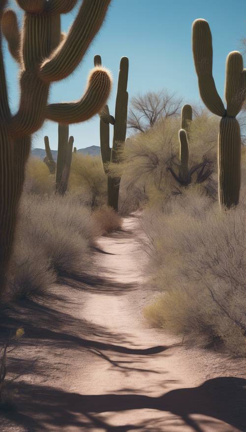 Sentiero escursionistico che si snoda attraverso una foresta di cactus Saguaro e Prickly Pear sotto un cielo limpido e azzurro dell&#39;Arizona.