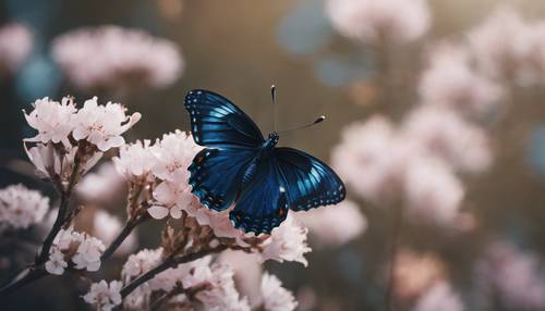 Papillon exotique bleu foncé et noir posé sur une fleur