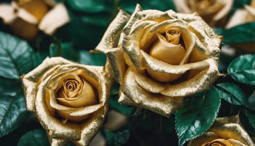 Gold roses surrounded by emerald green leaves