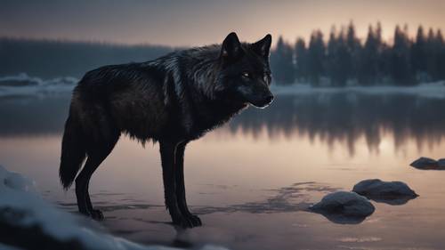Une représentation atmosphérique d&#39;un loup solitaire à la fourrure noire, dont le cri obsédant résonne à travers un lac éclairé par la lune.