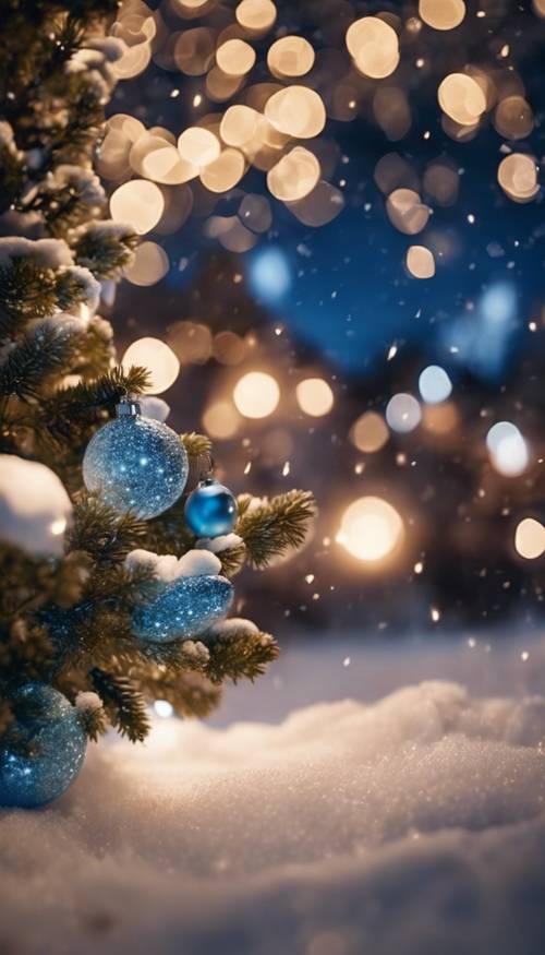 A snowy outdoor Christmas scene at night with blue illumination from decorative lights