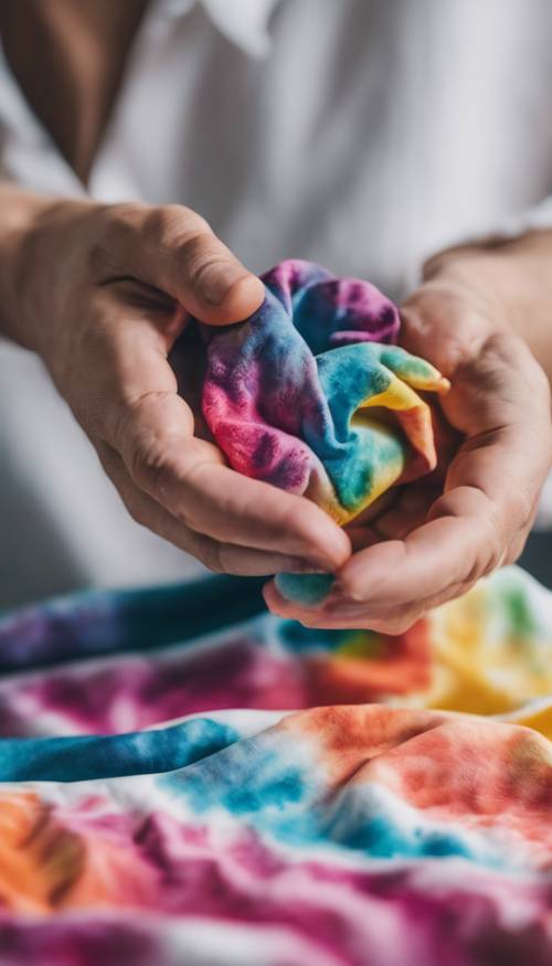 A close up of hands creating a tie-dye pattern on a white cloth with colorful dyes.