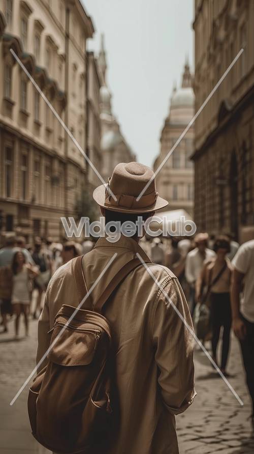 모자를 쓴 남자가 도시 거리를 탐험하다