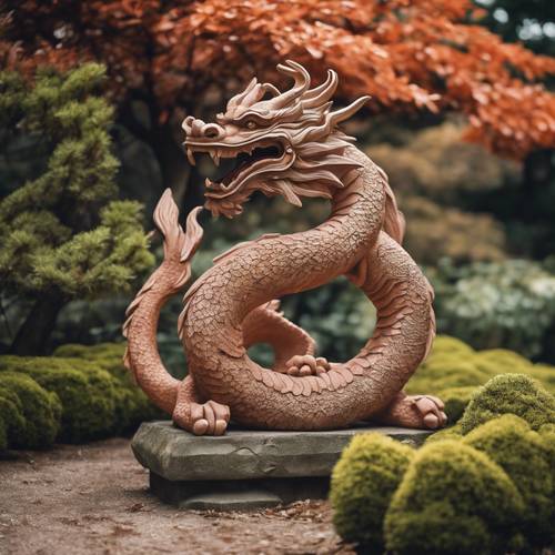 Eine Terrakotta-Skulptur eines japanischen Drachen in einem Garten.