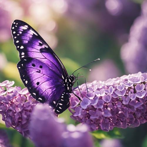 Un papillon violet vibrant sur une belle fleur lilas.