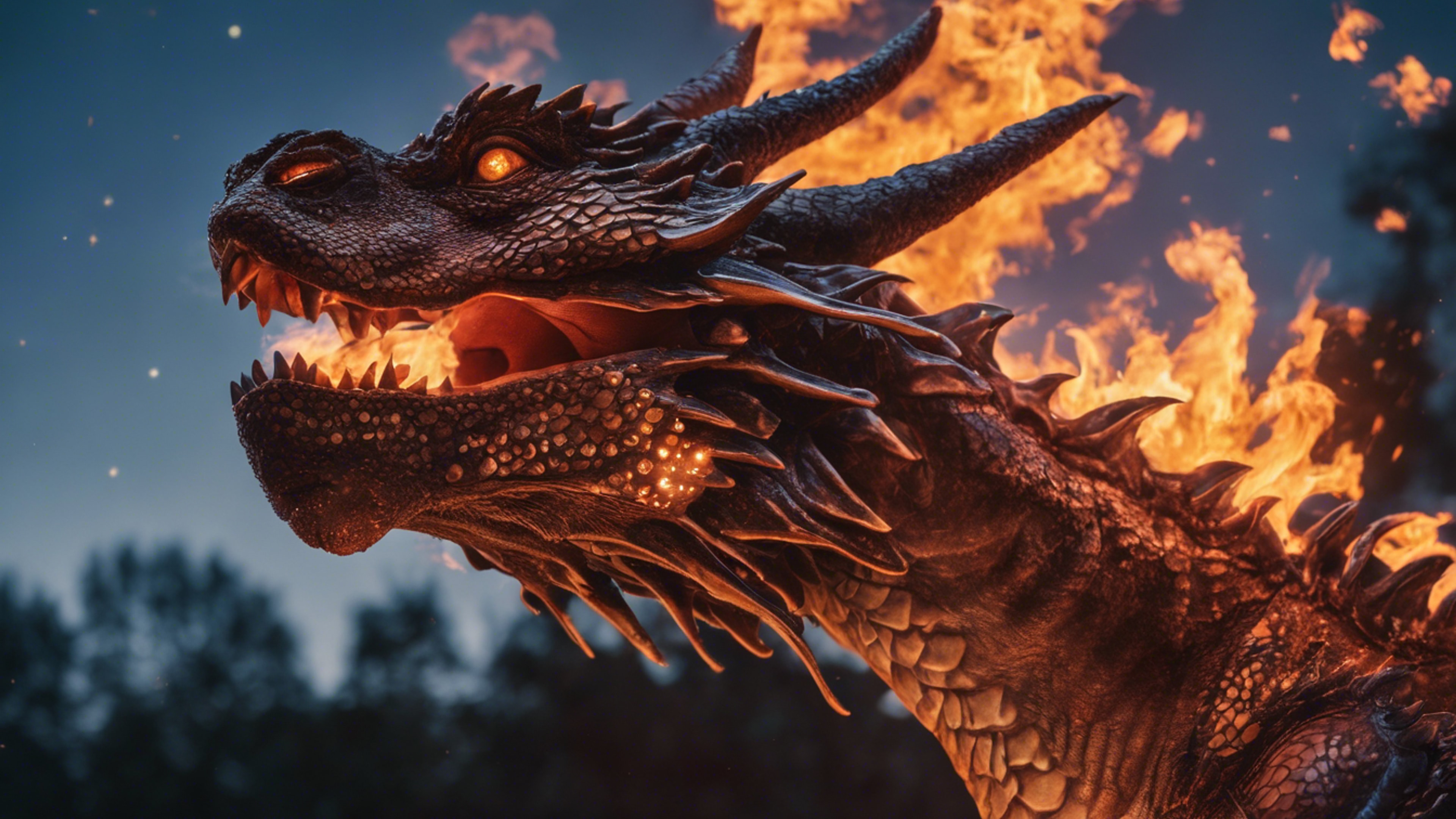 A fire-breathing dragon surrounded by the glow of its own flames against a night sky. Тапет[8f1bf836869843a19451]