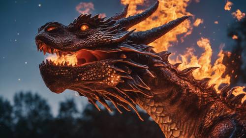 A fire-breathing dragon surrounded by the glow of its own flames against a night sky.