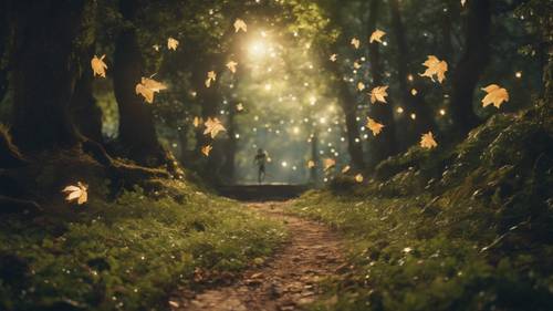 Eine Szene, die in einem Zauberwald spielt, wo Elfen im gesprenkelten Mondlicht auf einem blätterbedeckten Pfad umhertanzen.