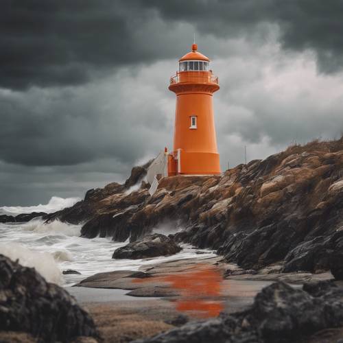 暴風雨海岸線上一座明亮的橙色和白色燈塔。