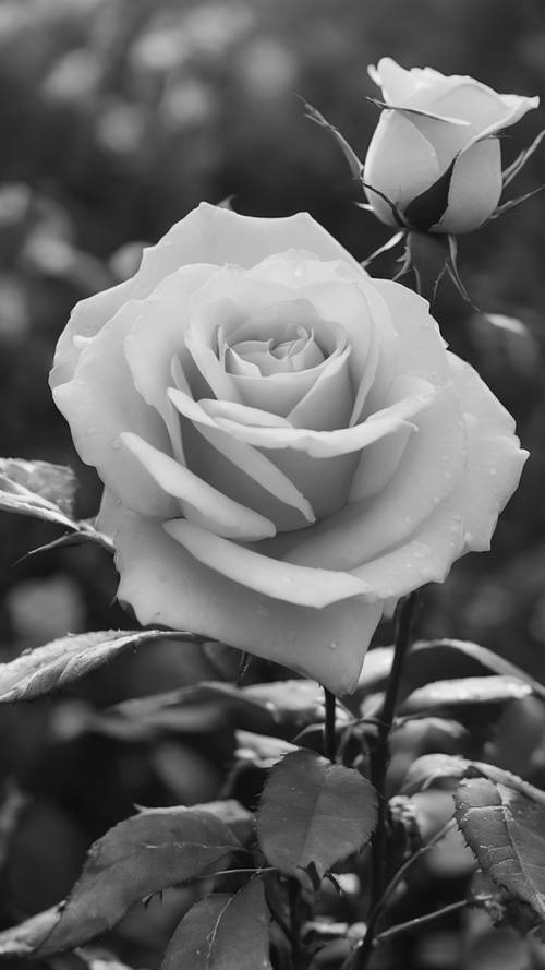 A black and white rose nestled comfortably among thorns, a symbol of grace in adversity.