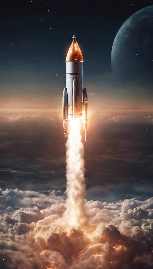 A rocket escaping the Earth's atmosphere, leaving a fiery trail behind. Wallpaper [472c3a08a5f24fdba8d4]