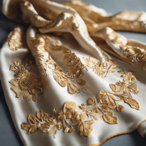 A gold-embroidered silk scarf with stylized floral pattern