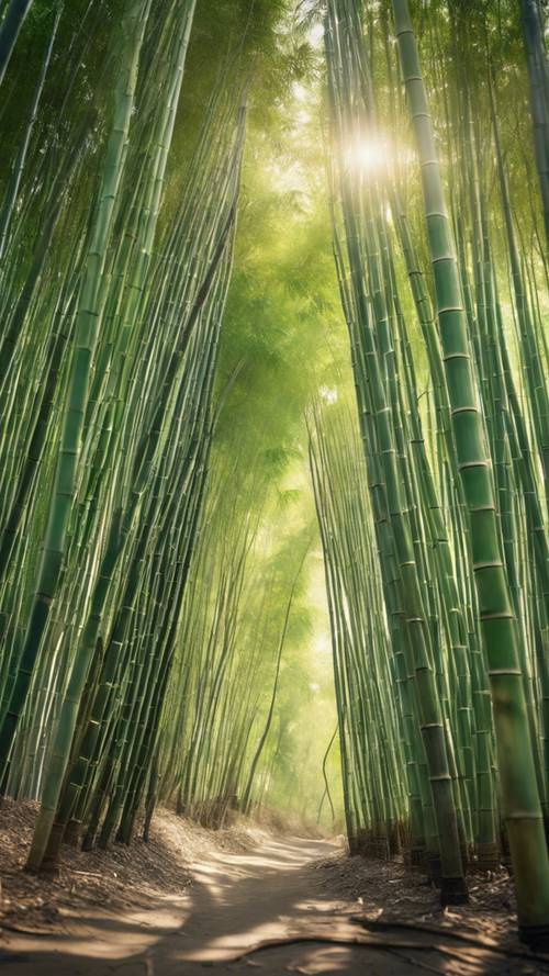 Un tranquilo bosque de bambú con la luz del sol filtrándose, con la inscripción: &quot;De manera suave, puedes sacudir el mundo&quot;.