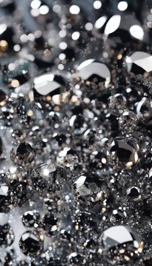 Macro astratta di glitter nero e argento sospesi in resina trasparente.
