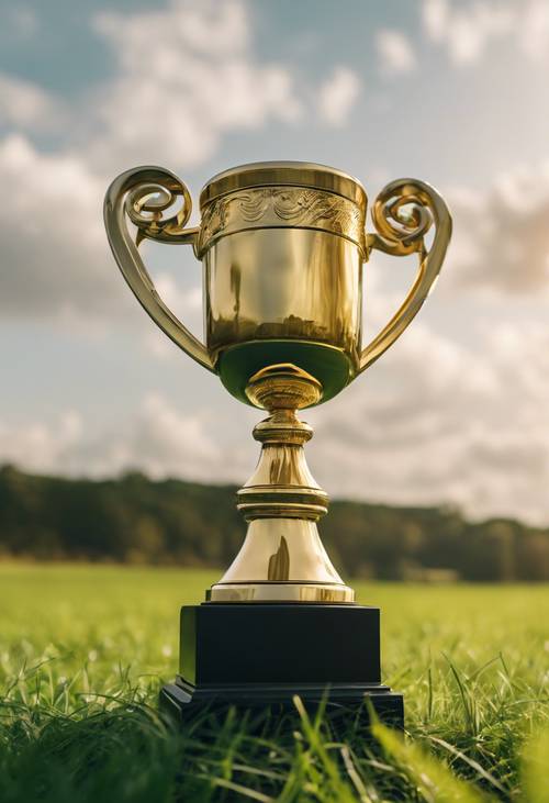 A tall, gold trophy standing on a field of lush, green grass.