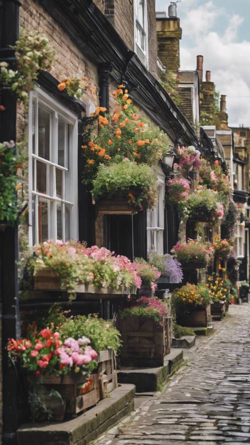 조약돌과 꽃이 만발한 창가 상자로 장식된 오래된 빅토리아 시대 주택이 늘어선 고풍스러운 런던 골목길입니다.