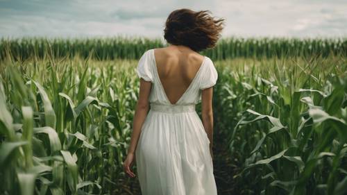 Una persona con un vestido blanco caminando por un alto campo de maíz verde
