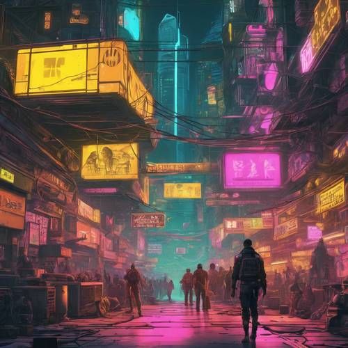 A potent yellow haze settling over a crowded cyberpunk marketplace.