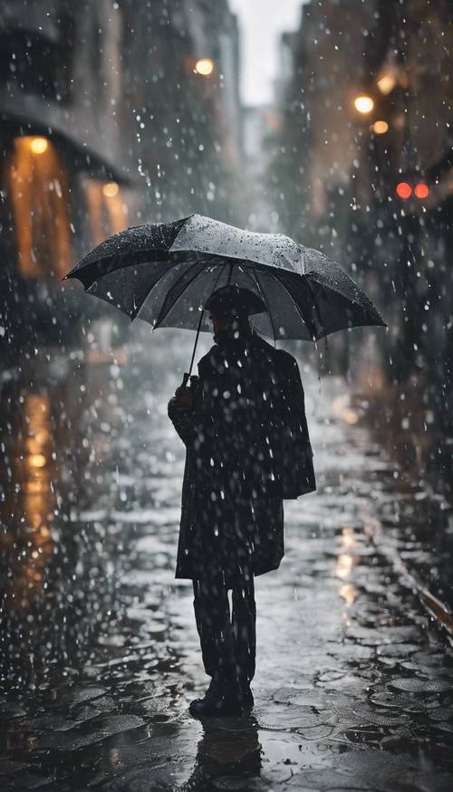 Guarda-chuva preto, pingando gotas em um dia triste e chuvoso.