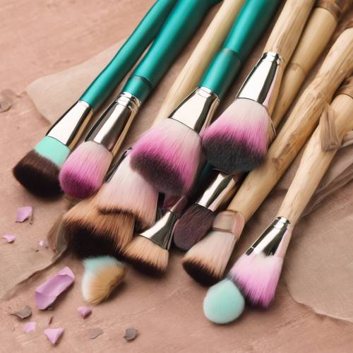 A group of eco-friendly, pastel-colored makeup brushes displayed on bamboo mat.